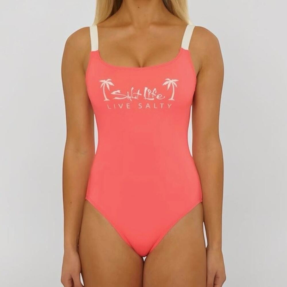 NWT Salt Life Coral Pink Live Salty Scoop Neck One Piece Swimsuit